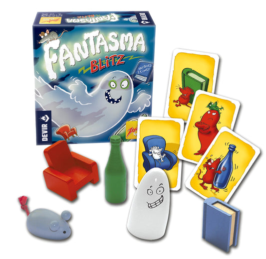 Cartas ilustradas del juego de mesa Fantasma Blitz con objetos y colores