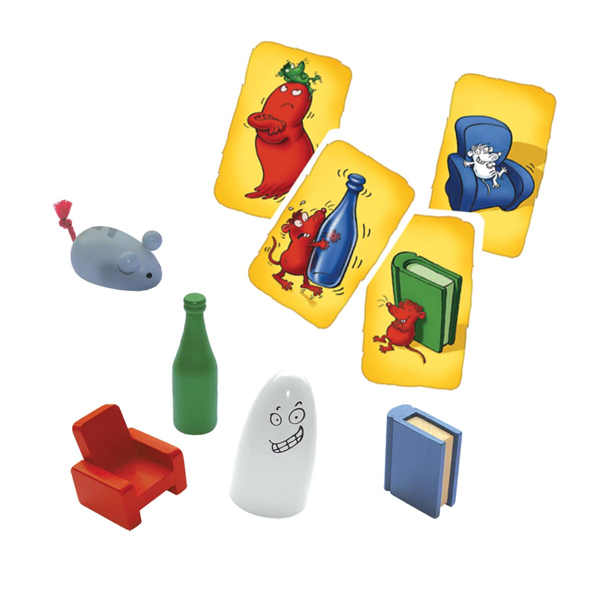 Componentes del juego Fantasma Blitz incluyendo cartas y piezas de madera