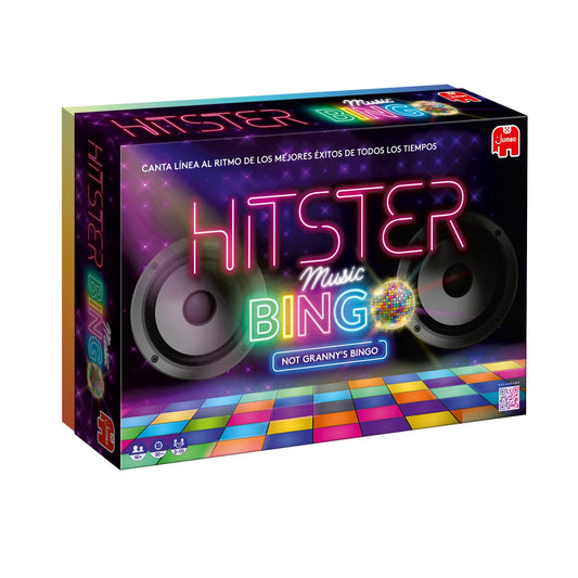 Caja del juego de mesa Hitster con diseño musical y colorido