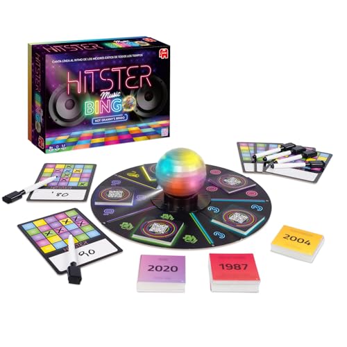 Componentes del juego de mesa Hitster: cartas, caja y acceso a la aplicación móvil