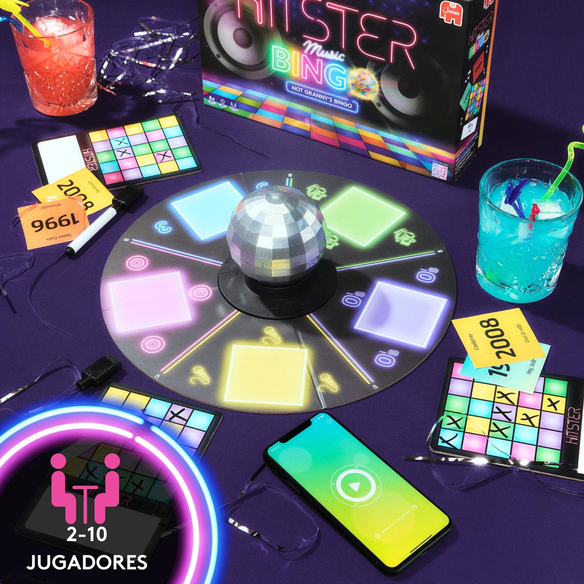Zona de juego del juego de mesa Hitster con cartas de canciones colocadas en línea temporal