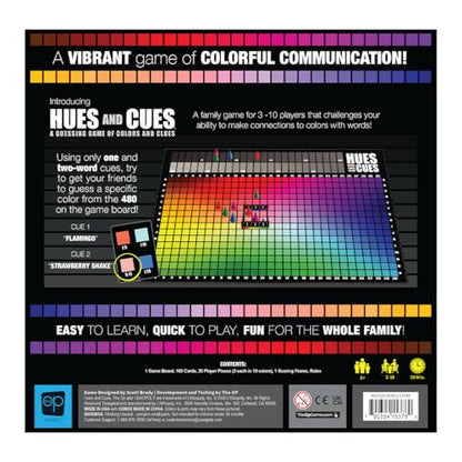 Parte trasera de la caja del juego de mesa Hues and Cues con explicación y ejemplos de juego
