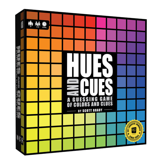 Caja del juego de mesa Hues and Cues con logotipo y colores llamativos