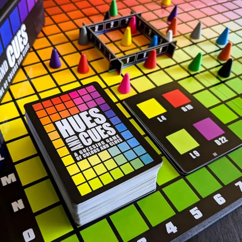Tablero del juego de mesa Hues and Cues durante una partida con fichas de jugadores colocadas