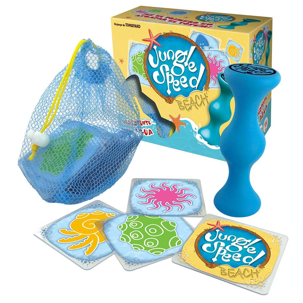 Componentes del juego de mesa Jungle Speed Beach, cartas resistentes al agua, bolsa y tótem incluidos