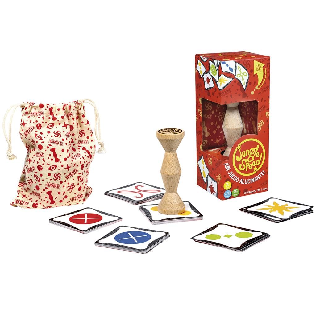 Componentes del juego de mesa Jungle Speed, cartas, bolsa y tótem incluidos