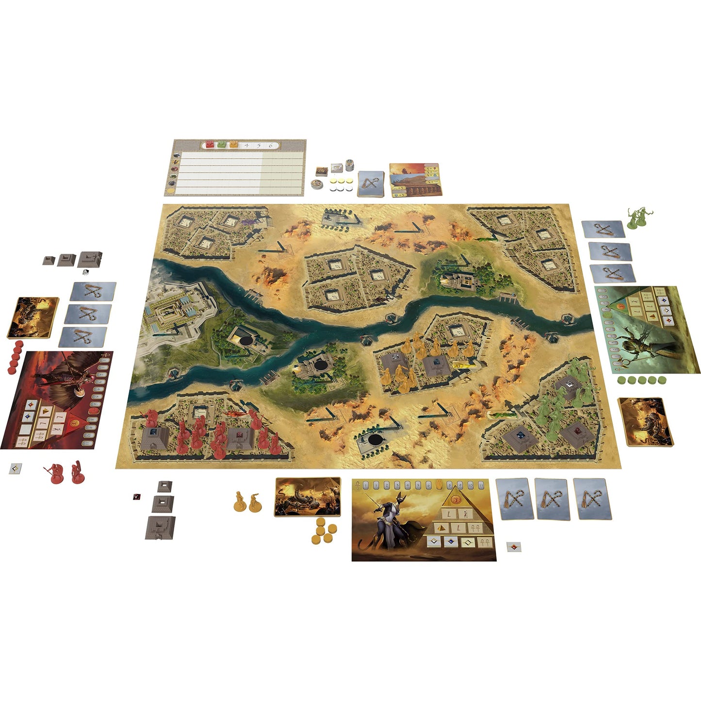 Componentes completos del juego Kemet incluyendo tablero, cartas, miniaturas y fichas