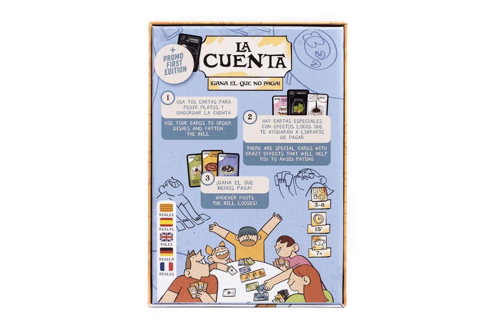 Parte trasera de la caja del juego de mesa La Cuenta con reglas y explicación rápida