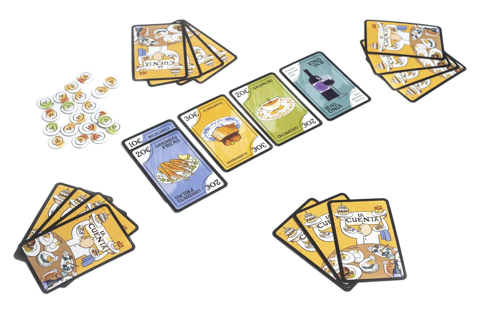 Zona de juego del juego de mesa La Cuenta con cartas de números y operaciones en la mesa