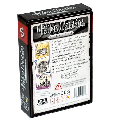Parte trasera de la caja del juego de mesa La Fallera Calavera con descripción y contenido