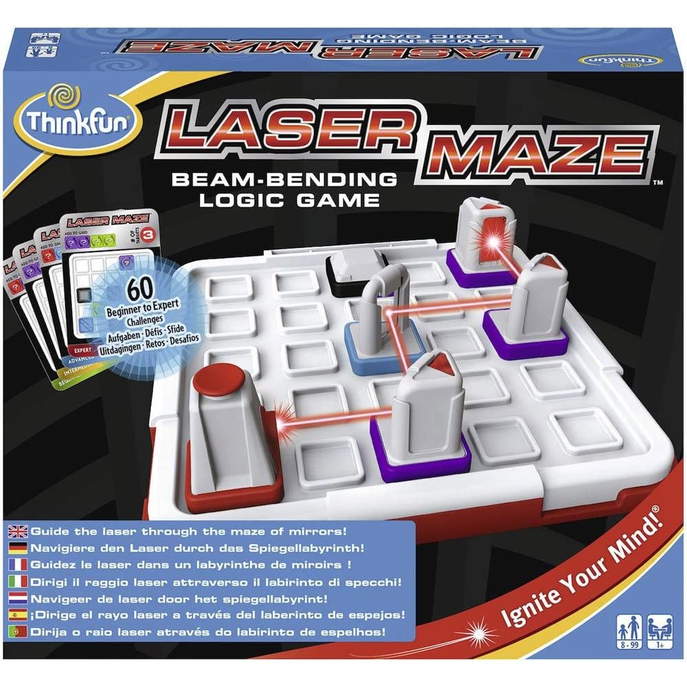 Caja del juego Laser Maze de ThinkFun con ilustraciones llamativas del láser en acción