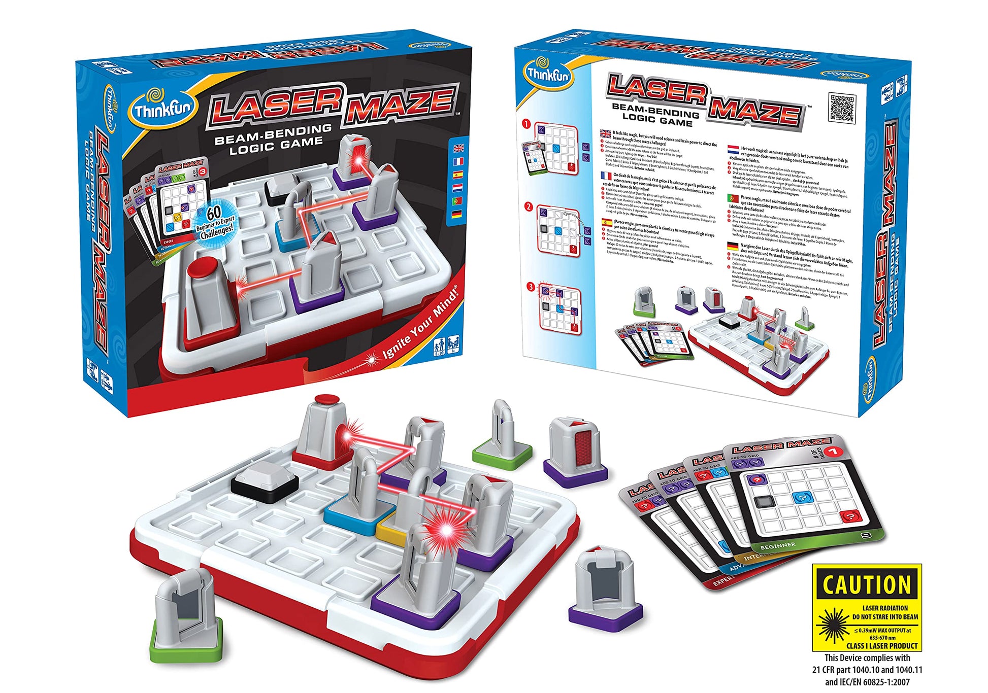Componentes del juego Laser Maze incluyendo tablero, piezas de espejo, fichas y láser