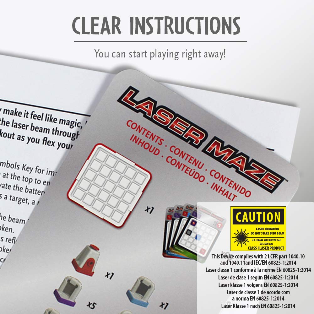 Componentes del juego Laser Maze incluyendo tablero, piezas de espejo, fichas y láser