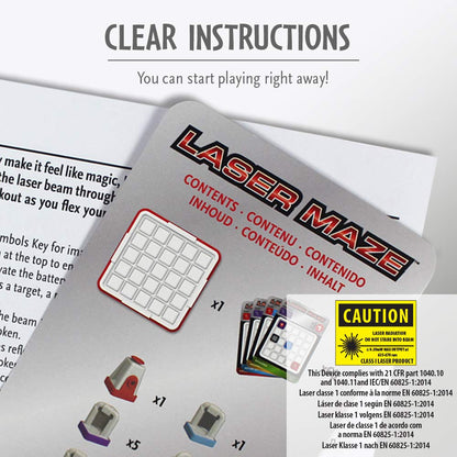 Componentes del juego Laser Maze incluyendo tablero, piezas de espejo, fichas y láser