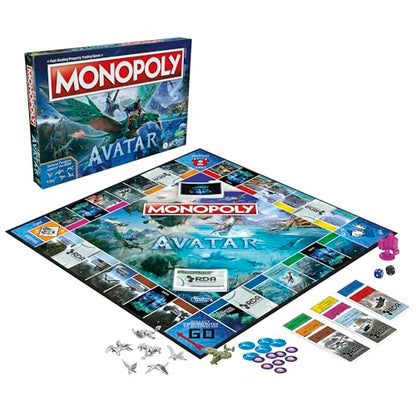 Componentes de Monopoly Avatar incluyendo tablero, cartas, fichas, dinero y caja