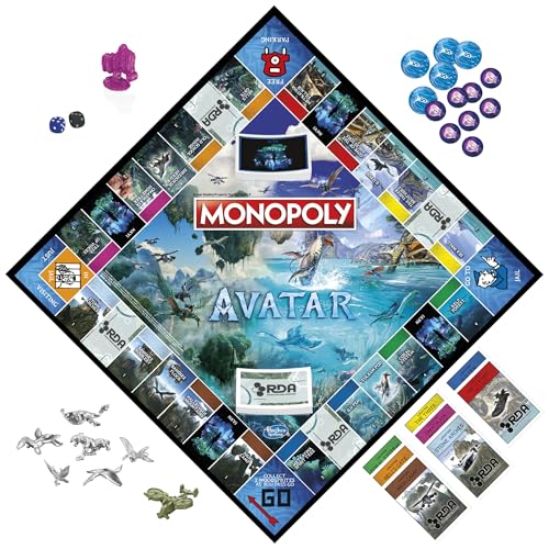 Componentes de Monopoly Avatar incluyendo tablero, cartas, fichas, dinero y caja