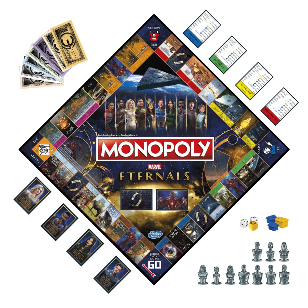 Componentes del Monopoly Eternals incluyendo tablero, cartas, fichas, dinero y caja