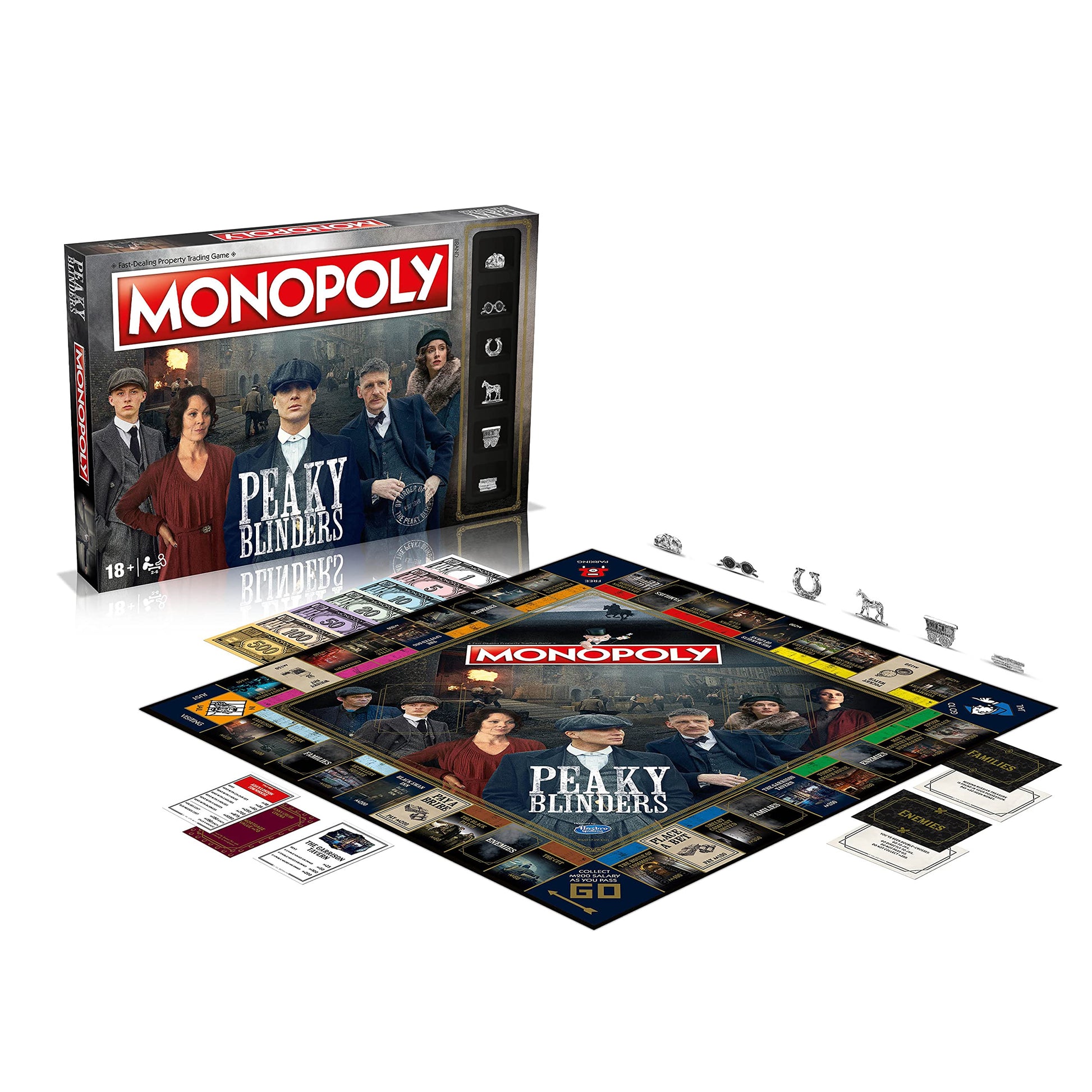 Componentes de Monopoly Peaky Blinders incluyendo tablero, fichas, cartas, dinero y caja