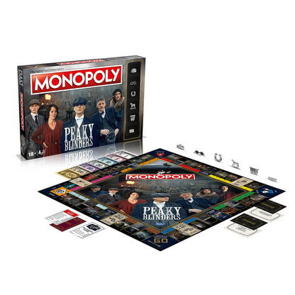 Componentes de Monopoly Peaky Blinders incluyendo tablero, fichas, cartas, dinero y caja