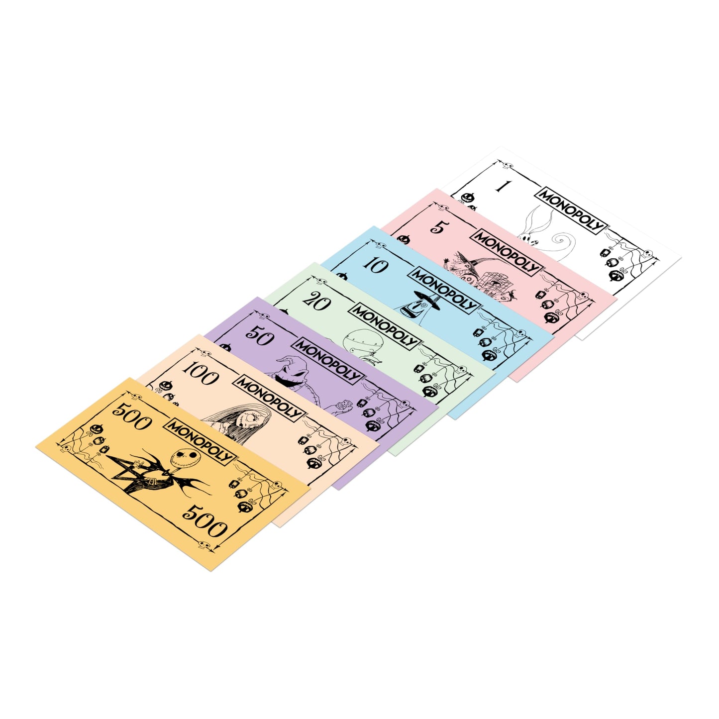 Billetes del Monopoly Pesadilla Antes de Navidad con diseños inspirados en Halloween Town