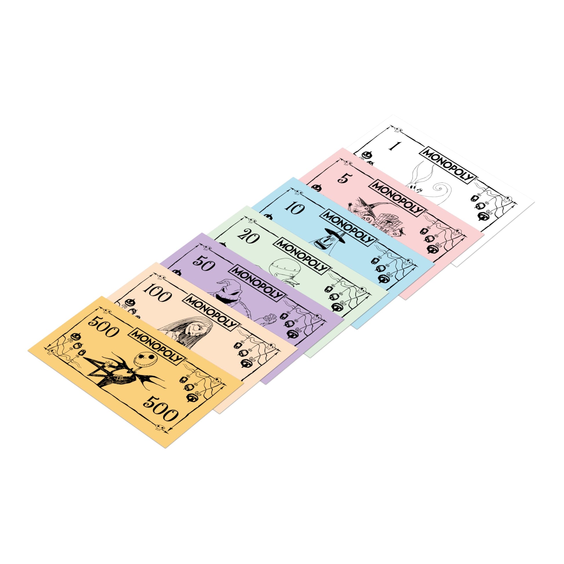 Billetes del Monopoly Pesadilla Antes de Navidad con diseños inspirados en Halloween Town