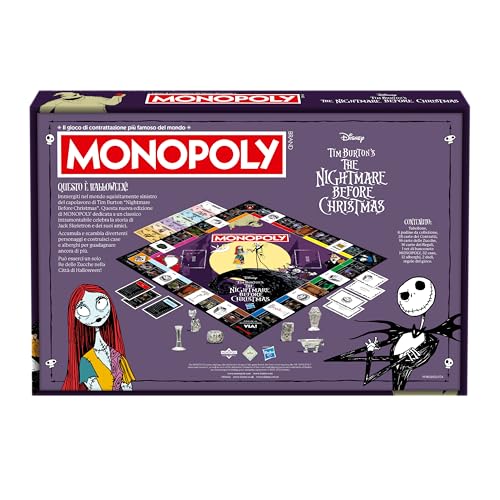 Parte trasera de la caja de Monopoly Pesadilla Antes de Navidad con descripción y componentes del juego
