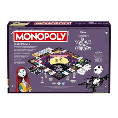 Parte trasera de la caja de Monopoly Pesadilla Antes de Navidad con descripción y componentes del juego
