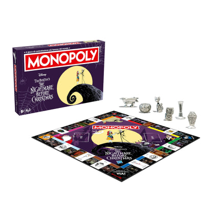 Componentes del Monopoly Pesadilla Antes de Navidad incluyendo tablero, cartas, fichas, billetes y caja temática