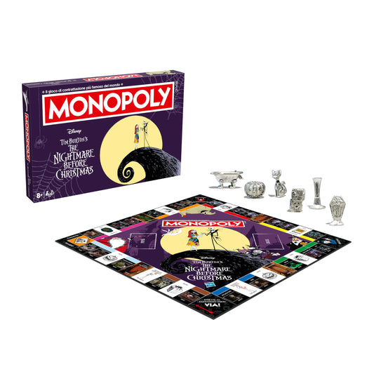 Componentes del Monopoly Pesadilla Antes de Navidad incluyendo tablero, cartas, fichas, billetes y caja temática
