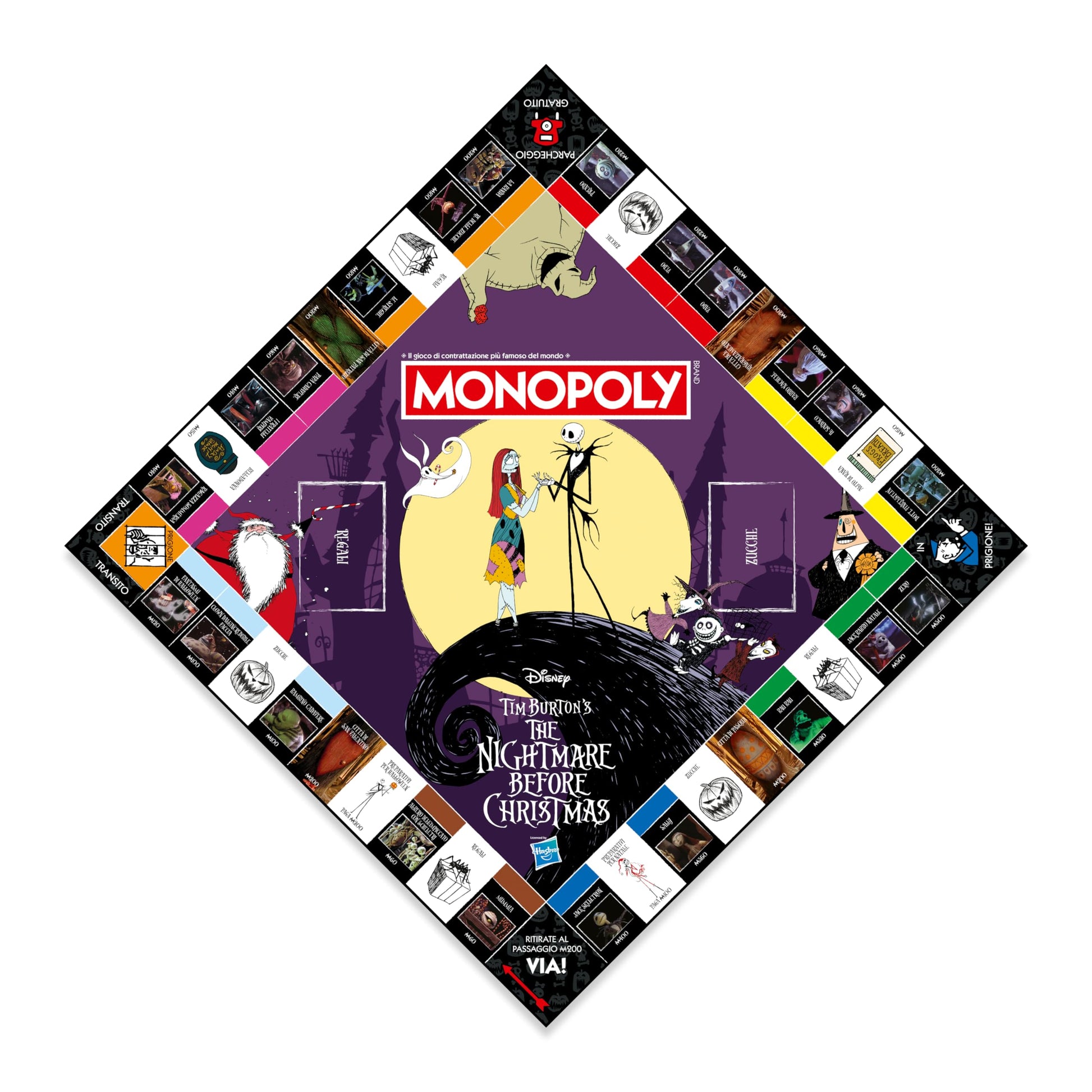 Tablero del Monopoly Pesadilla Antes de Navidad con casillas inspiradas en personajes y lugares de la película