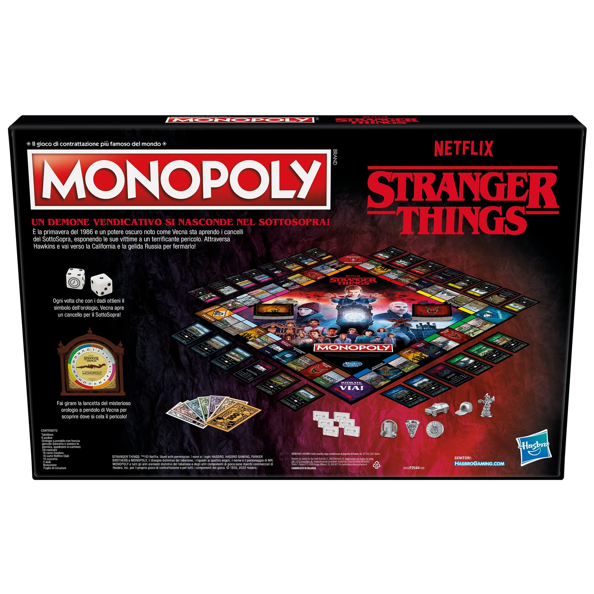 Parte trasera de la caja de Monopoly Stranger Things con descripción del juego y sus componentes