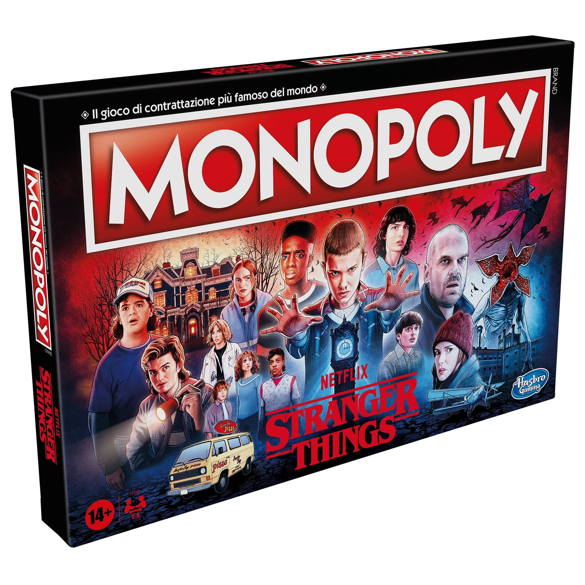 Caja frontal del Monopoly Stranger Things con diseño retro y ambientación de la serie