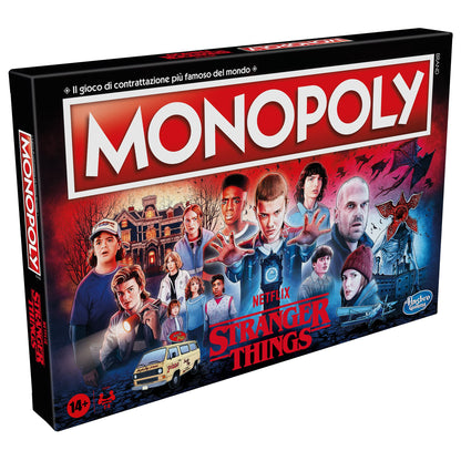 Caja frontal del Monopoly Stranger Things con diseño retro y ambientación de la serie