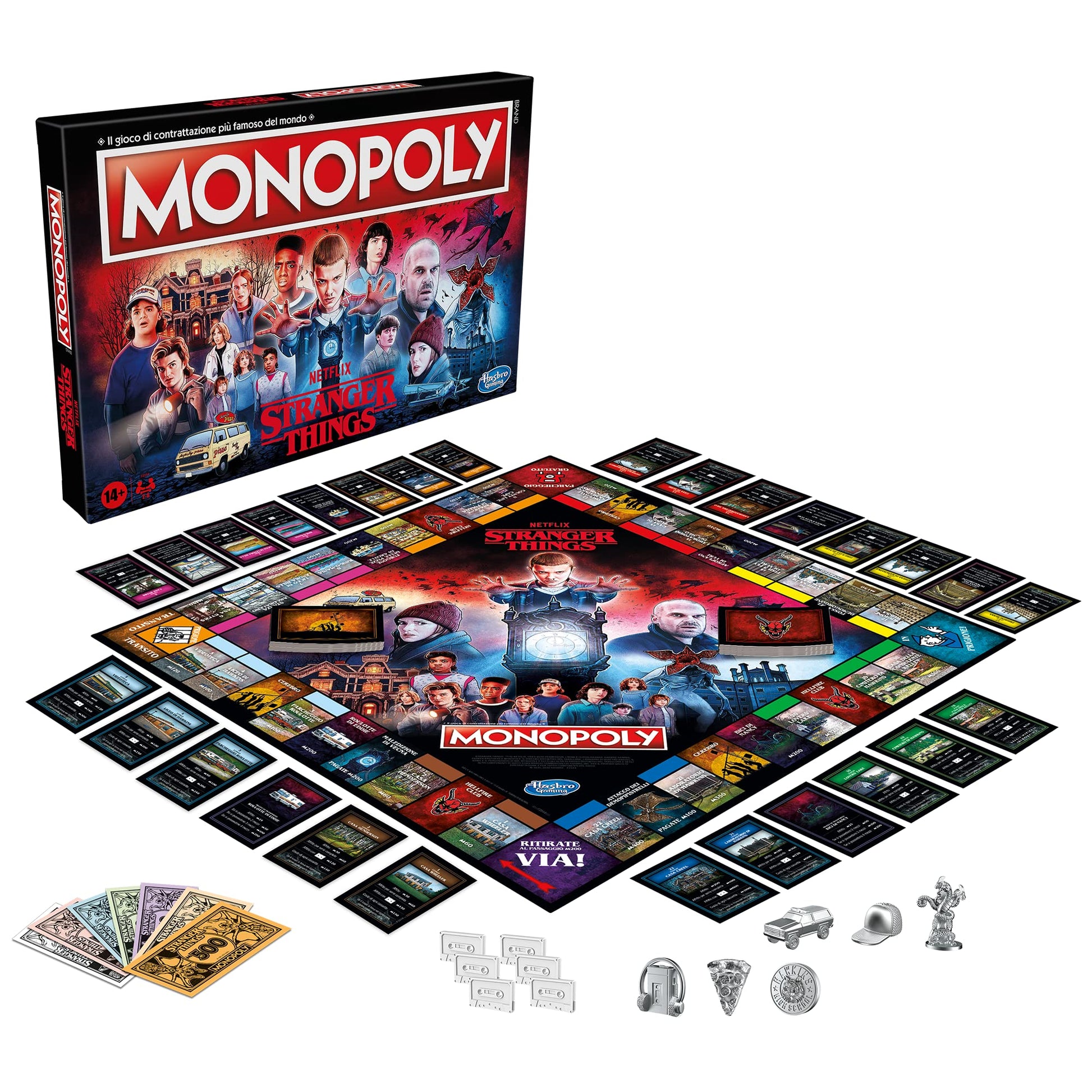 Componentes del Monopoly Stranger Things incluyendo tablero, cartas, fichas, dinero y caja