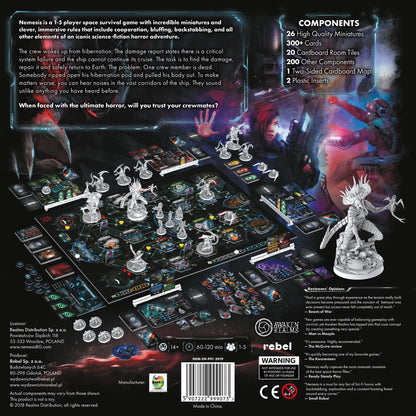 Parte trasera de la caja del juego de mesa Nemesis con explicación y componentes