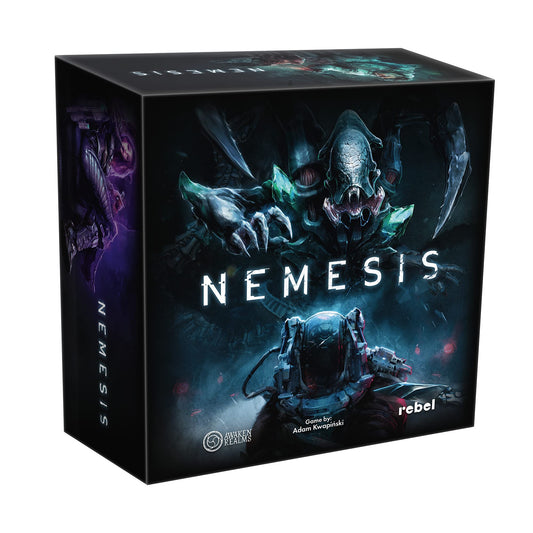 Caja del juego de mesa Nemesis con ilustración de un alien en una nave espacial