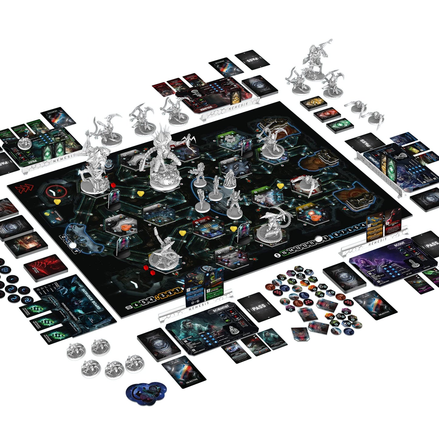Componentes completos del juego de mesa Nemesis: tablero, cartas, miniaturas y fichas
