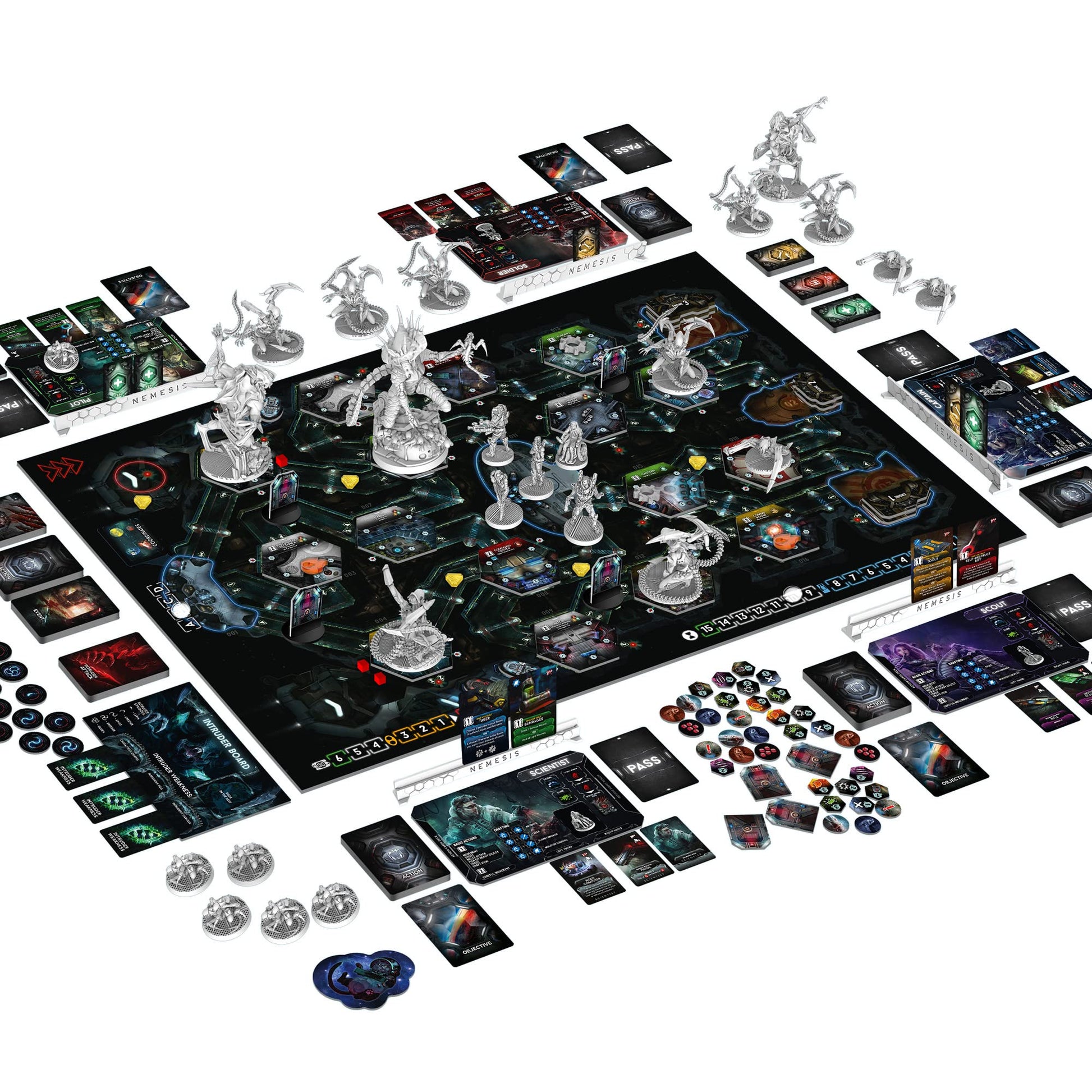 Componentes completos del juego de mesa Nemesis: tablero, cartas, miniaturas y fichas