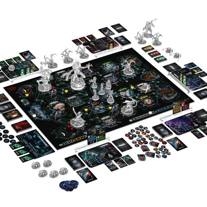 Componentes completos del juego de mesa Nemesis: tablero, cartas, miniaturas y fichas