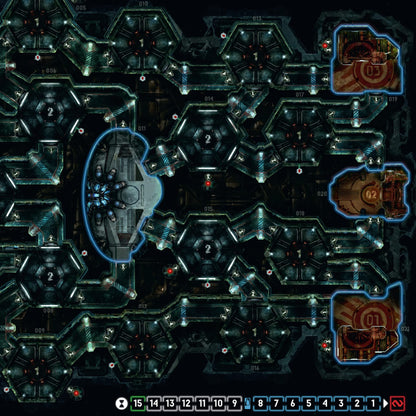 Tablero del juego de mesa Nemesis con la nave espacial dividida en habitaciones