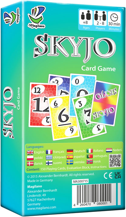 Parte trasera de la caja del juego de cartas Skyjo con descripción y componentes