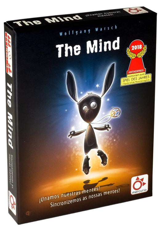 Caja del juego de mesa The Mind con diseño minimalista y conejo brillante