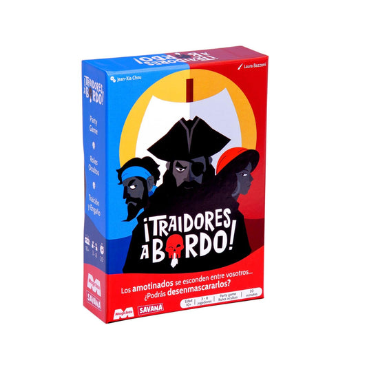 Caja del juego de mesa Traidores a Bordo con ilustración de piratas y barco
