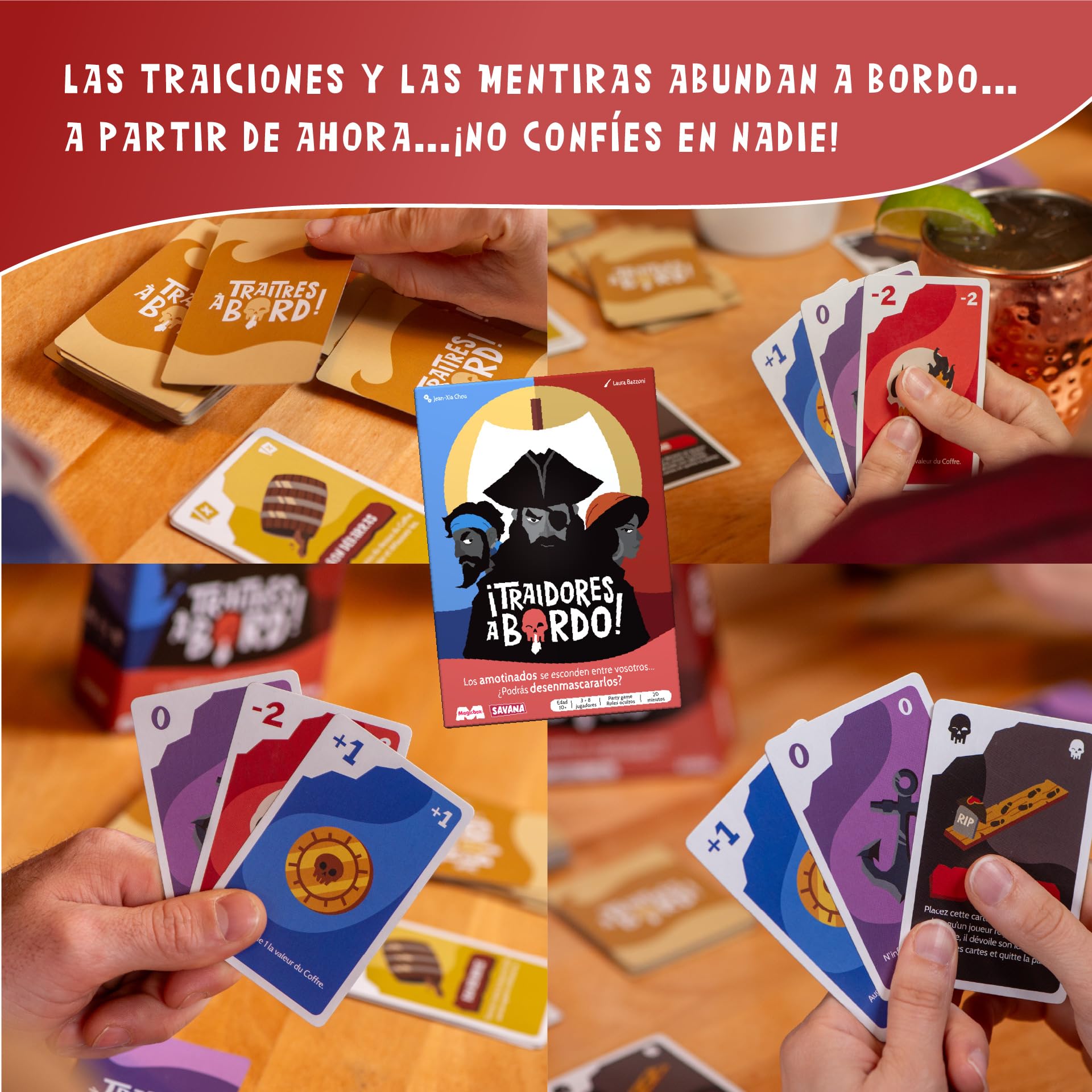 Cartas de rol oculto del juego de mesa Traidores a Bordo que determinan piratas y traidores